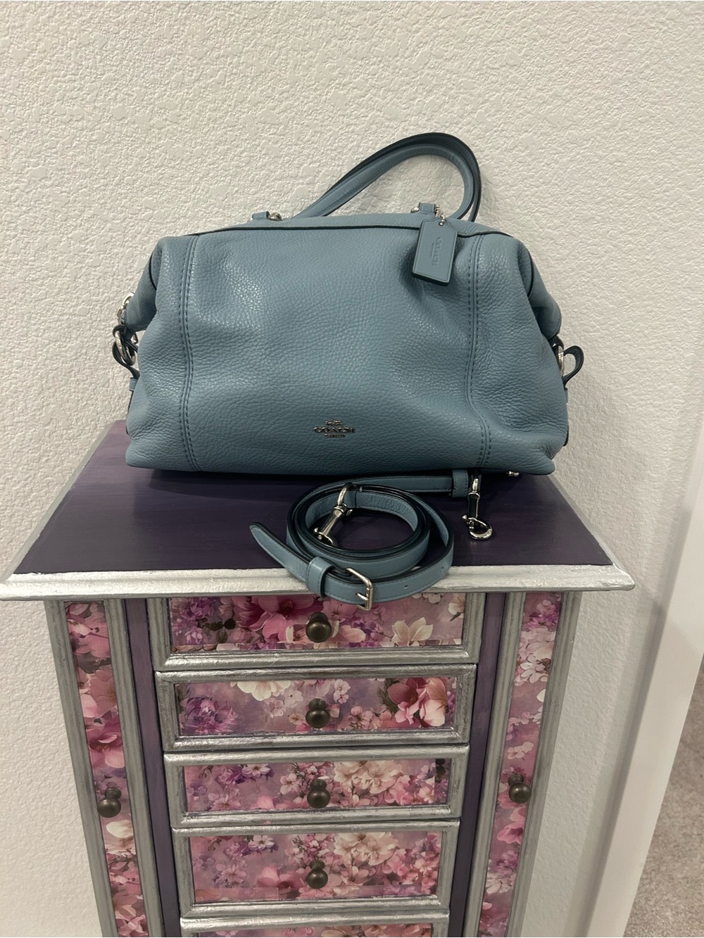 Coach Pebbled Leather Satchel in Dusty Blue